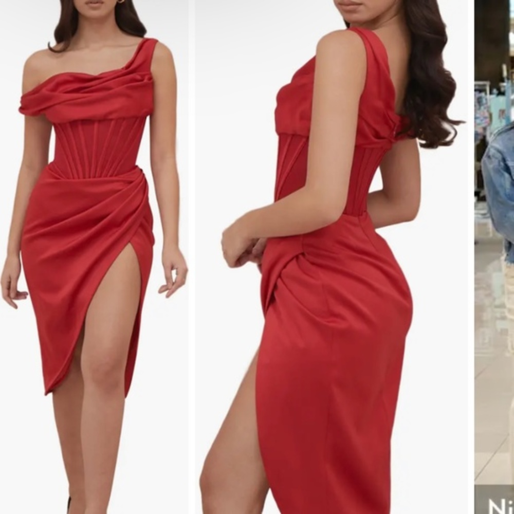 House of CB Lulu Corset One-Shoulder Satin Midi Dress